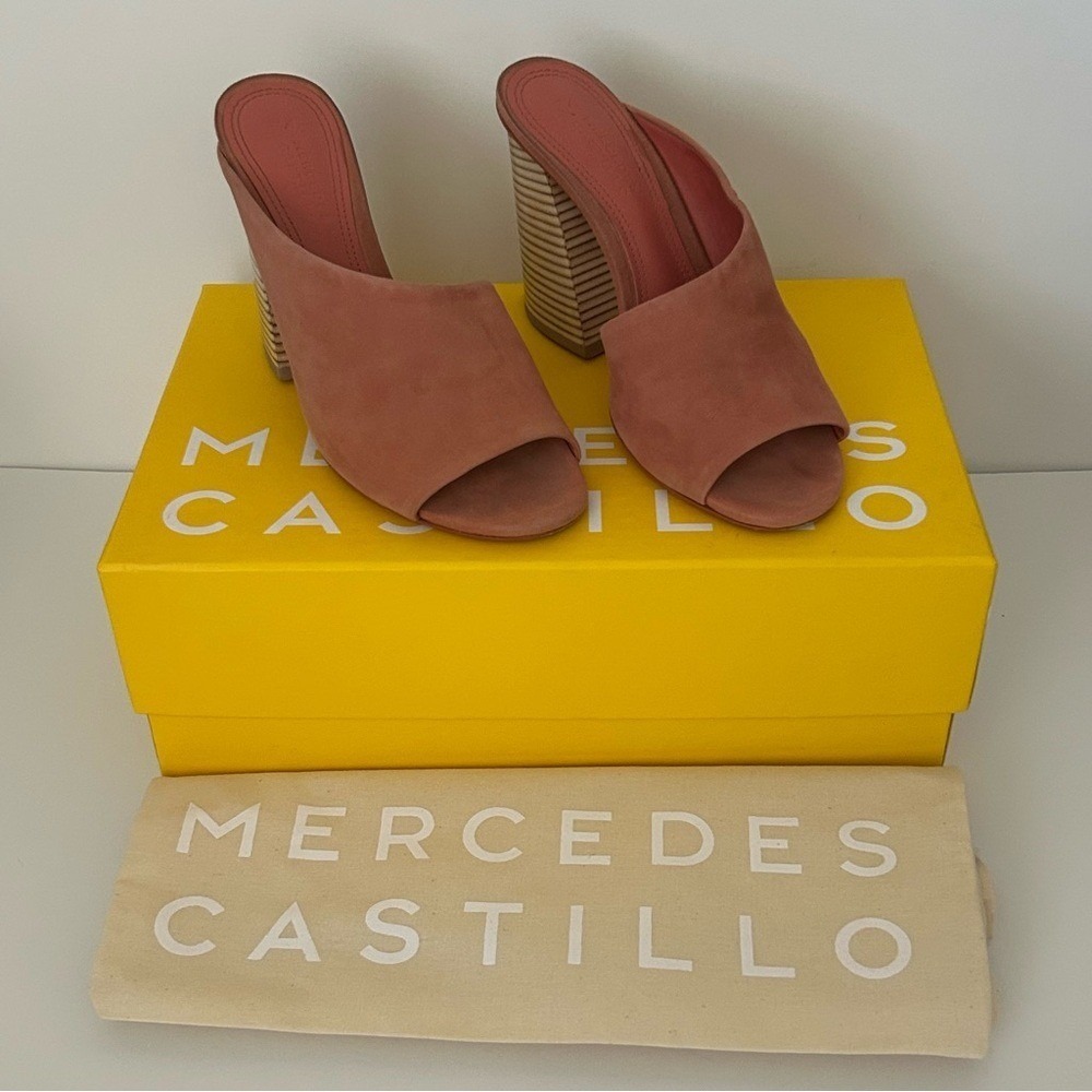 Mercedes Castillo Pink Leather Suede Slip On Open Toe Block High Heel 36.5